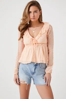 Women's Lace Ruffle-Trim Peasant Top in Peach Medium