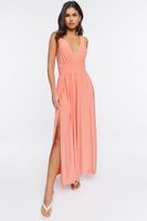 Women's Plunging Slit Maxi Dress in Neon Coral Small