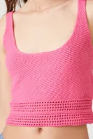 Women's Crochet Sweater-Knit Crop Top in Super Pink Small