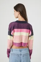 Women's Striped Rib-Knit Cardigan Sweater in Pink Medium