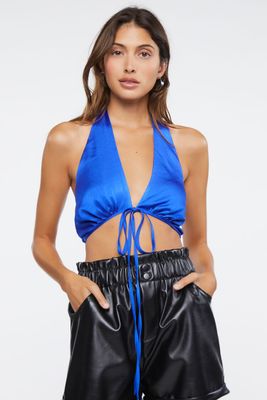 Women's Satin Plunging Halter Crop Top in Royal Medium