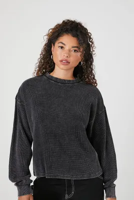 Women's Waffle Knit Drop-Sleeve Top in Black, XS