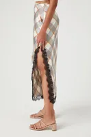 Women's Plaid Lace-Trim Maxi Skirt in White Large