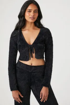 Women's Fuzzy Cropped Cardigan Sweater in Black Large