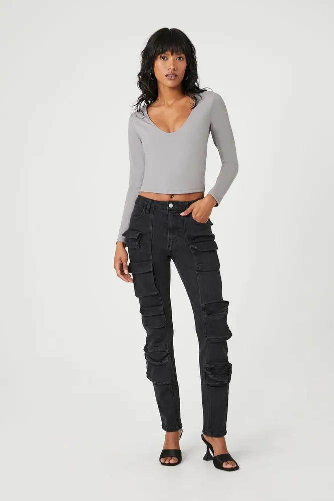 Women's High-Rise Cargo Jeans in Black, 26