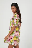 Women's Poplin Plaid Ruffle Mini Dress