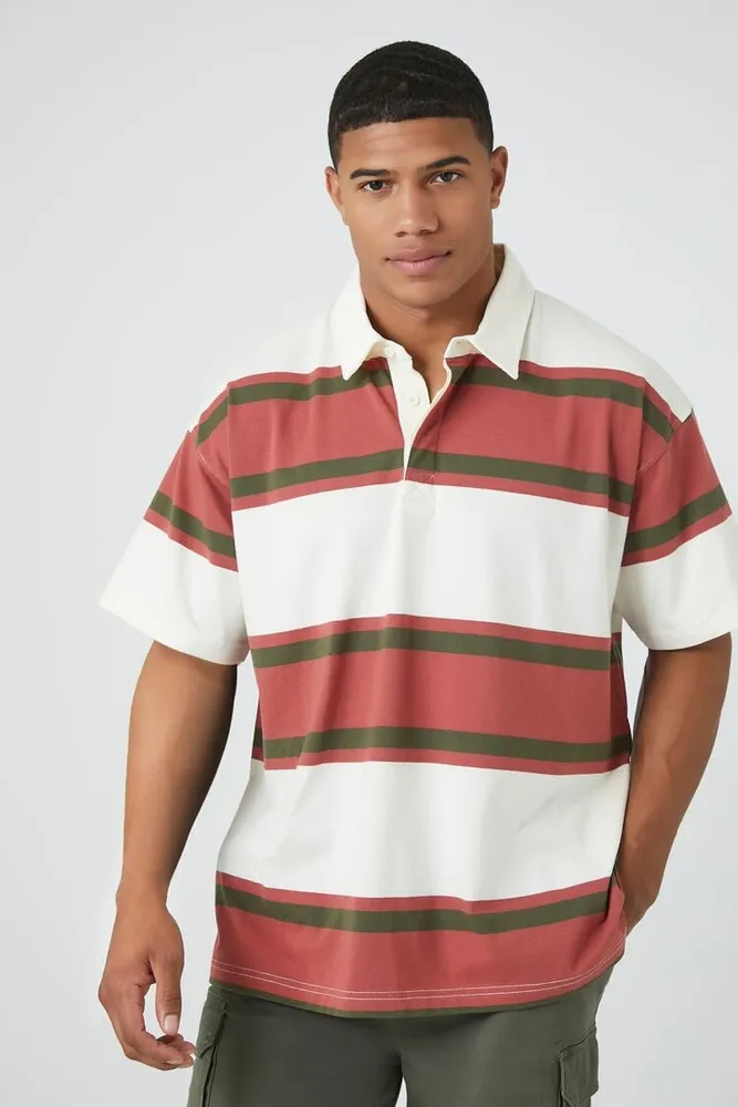 Men Striped Short-Sleeve Polo Shirt in Rust Small