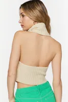 Women's Ribbed Turtleneck Halter V-Hem Top in Cream Large