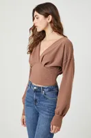 Women's Plunging Surplice Crop Top in Brown Medium