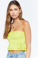 Women's Mesh Ruffled Cropped Tube Top in Acid Green Large