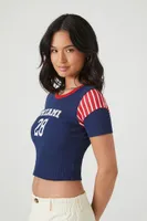 Women's Ribbed Miami Graphic Cropped T-Shirt in Navy Large