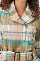 Women's Plaid Belted Moto Jacket in Tan Small