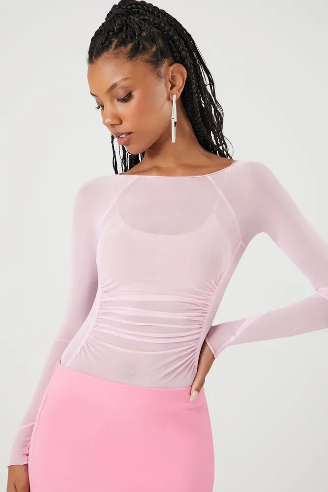 Forever 21 Women's Sheer Mesh Bodysuit in Pink Medium