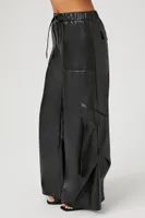 Women's Faux Leather Wide-Leg Cargo Pants in Black Small