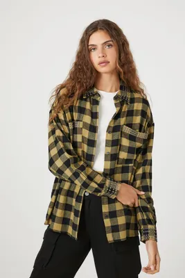Women's Oversized Studded Flannel Shirt in Yellow, Size XS