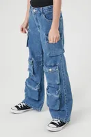 Girls Wide-Leg Cargo Jeans (Kids) in Medium Denim, 9/10