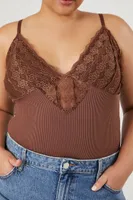 Women's Ribbed Lace-Trim Bodysuit in Chocolate, 0X