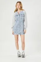 Women's Denim Hooded Combo Mini Dress Light