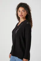 Women's Open-Knit V-Neck Sweater in Black, XS