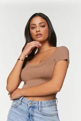 Women's Short-Sleeve Sweater-Knit Crop Top in Cocoa Medium