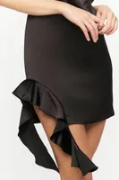 Women's Satin Cascading Ruffle Tube Dress in Black Medium