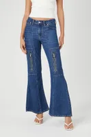 Women's Zipper Cargo Mid-Rise Flare Jeans in Medium Denim, 27