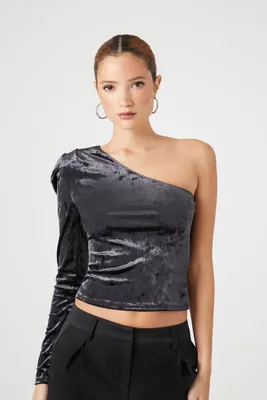 Women's One-Shoulder Velvet Crop Top in Black, XL