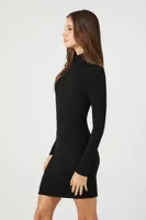 Women's Ribbed Mock Neck Mini Dress in Black, XL