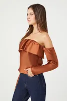 Women's Satin Off-the-Shoulder Flounce Top in Chestnut Small