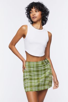 Women's Buckled Plaid Mini Skirt in Olive Large