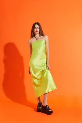 Women's Satin Strapless Maxi Slip Dress in Lime Small