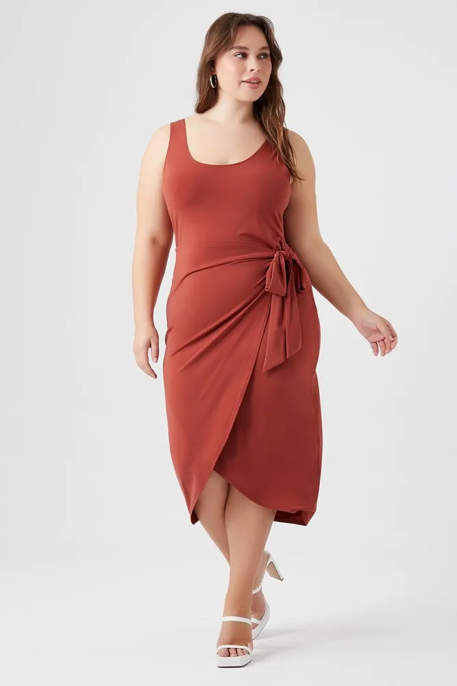 Women's Wrap Tulip Midi Dress in Brown, 0X