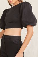 Women's Puff-Sleeve Crop Top & Pants Set in Black Medium