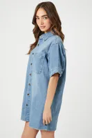 Women's Mini Denim Shirt Dress in Medium Denim, XS