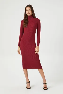 Women's Turtleneck Bodycon Midi Sweater Dress in Burgundy Small