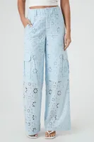 Women's Floral Eyelet Cargo Pants in Light Blue Large