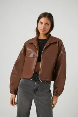 Women's Faux Leather Zip-Up Jacket in Chocolate Large