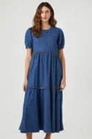 Women's Denim Ruffle Tiered Maxi Dress in Medium Denim