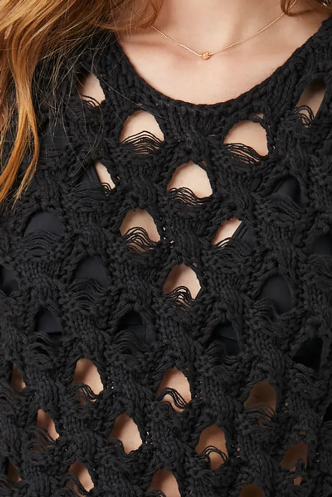 Women's Crochet Sweater-Knit Tank Top in Black Medium
