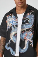 Men Linen Dragon Graphic Shirt in Black Medium