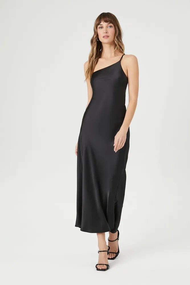 Women's Satin One-Shoulder Maxi Dress in Black Large