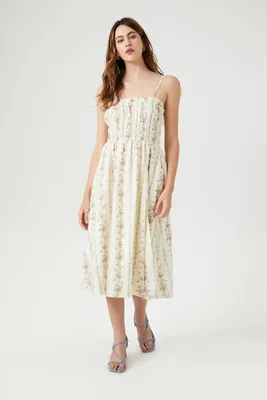 Women's Floral Print Smocked Midi Dress in Ivory Medium
