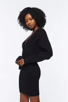 Women's Surplice Long-Sleeve Sweater Dress in Black Small