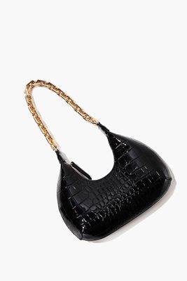 Women's Faux Croc Leather Shoulder Bag in Black