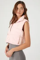 Women's Cropped Zip-Up Puffer Vest in Pink Icing Large