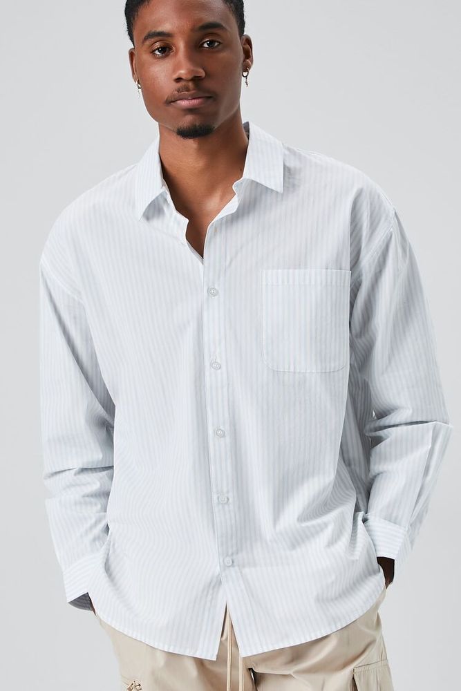 Men Striped Button-Front Shirt in Light Blue/White Large