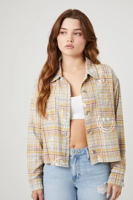 Women's Happy Face Plaid Flannel Shirt in Grey Large