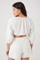 Women's Peasant-Sleeve Crop Top & Shorts Set White