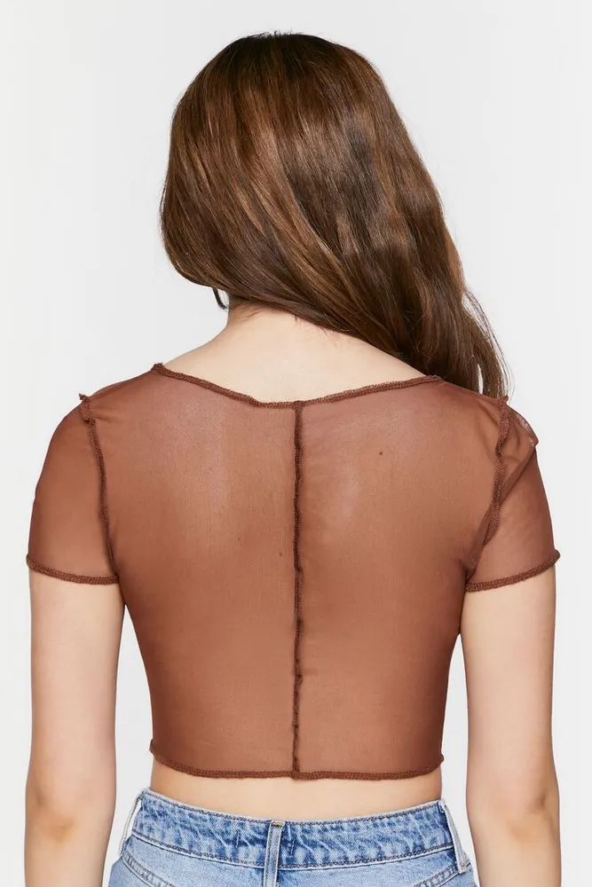Women's Sheer Mesh Seamed Crop Top in Brown Large