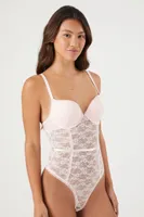 Women's Floral Lace Mesh Lingerie Bodysuit in Powder Pink Large